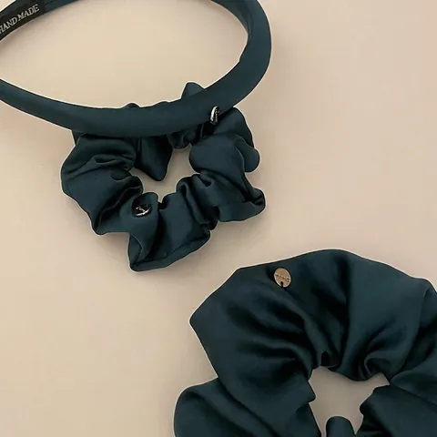Elegant Peacock Blue Satin Scrunchie Large Hair Tie And Padded Headband For Women Vintage Handmade Hair Accessories For Hair