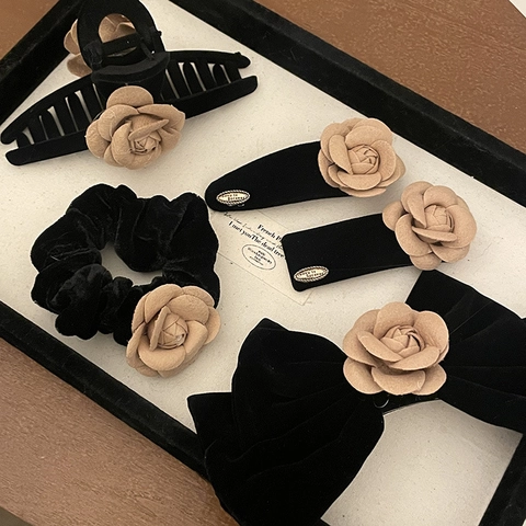Elegante Set di Fermagli per Capelli Camelia Vintage Francese per Donna Pinza a Squalo in Velluto Floccato Elastico per Capelli con Fiocco