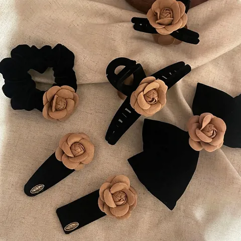 Elegante Set di Fermagli per Capelli Camelia Vintage Francese per Donna Pinza a Squalo in Velluto Floccato Elastico per Capelli con Fiocco