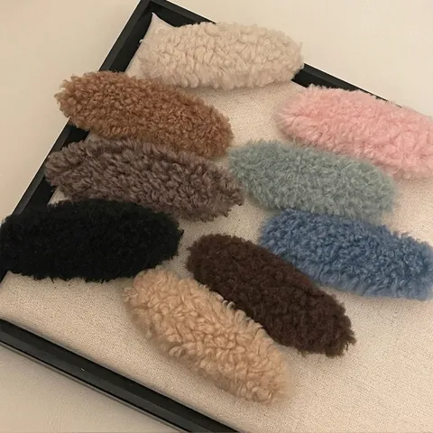 Herbst Winter Warm Lammwolle Plüsch Haarspange Candy Color Seitenclip Handmade Mode Haarschmuck Für Damen
