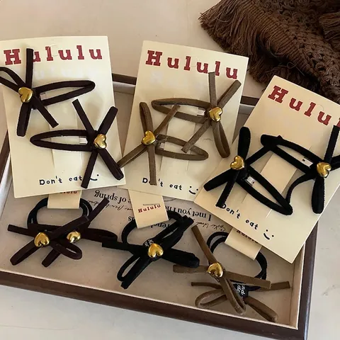 French Vintage Suede Bowknot Hair Clips Heart Metal Decor Bow Hair Ties Set Elegant Headwear For Women Girls Accessories