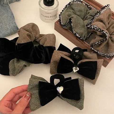 Vintage Tweed Fluweel Patchwork Boog Haarklem Hart Strass Haarklauw Retro Scrunchies Winter Haaraccessoires Voor Vrouwen