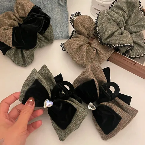 Vintage Tweed Fluweel Patchwork Boog Haarklem Hart Strass Haarklauw Retro Scrunchies Winter Haaraccessoires Voor Vrouwen