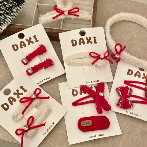 Juego de Diadema y Pinza para el Cabello de Felpa con Lazo Rojo de Navidad para Mujer Accesorios de Invierno con Strass