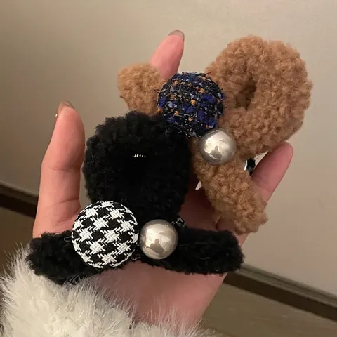 Süßer Ins Stil Plüsch Haarklammer Für Damen Hahnentritt Muster Herbst Winter Haifisch Clip Vintage Haarschmuck