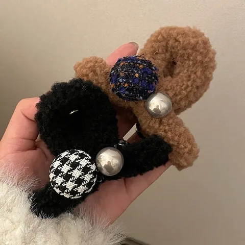 Süßer Ins Stil Plüsch Haarklammer Für Damen Hahnentritt Muster Herbst Winter Haifisch Clip Vintage Haarschmuck