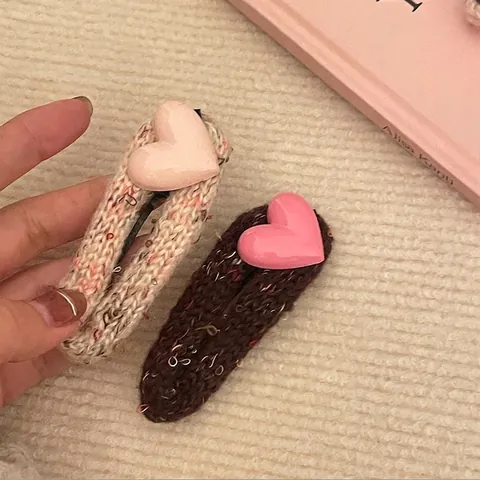 Süße Gestrickte Garn Herz Haarspange Für Damen Mädchen Rosa Khaki Braun Handgefertigt Häkeln BB Clip Seitenspange Haarschmuck