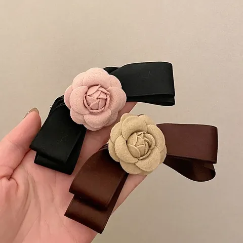Pince à Cheveux Nœud Papillon Camélia Vintage Français pour Femmes Élégant Ruban en Satin Pince à Bec de Canard