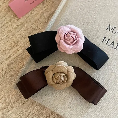 Pince à Cheveux Nœud Papillon Camélia Vintage Français pour Femmes Élégant Ruban en Satin Pince à Bec de Canard