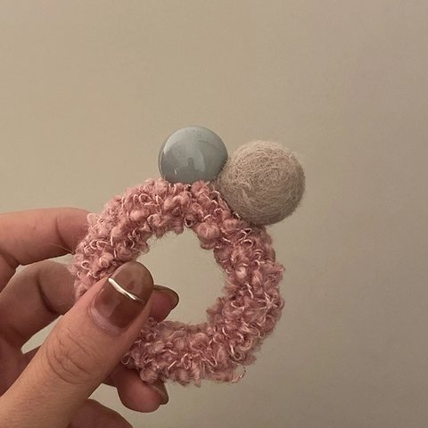 Coletero de Hilo de Punto Dulce para Mujer Decoración de Bolas de Peluche Bloque de Color Accesorios para el Cabello