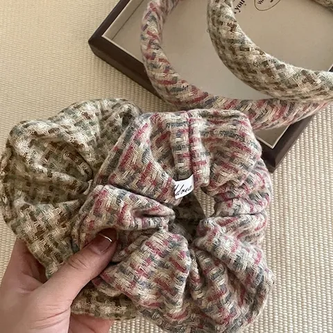 Vintage Tweed Plaid Headband And Scrunchie Set Korean Style Thickened Wide Hairband For Women Handmade Fabric Hair Accessories