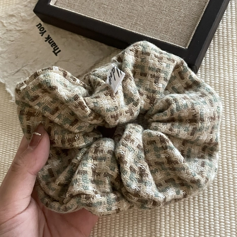 Vintage Tweed Plaid Headband And Scrunchie Set Korean Style Thickened Wide Hairband For Women Handmade Fabric Hair Accessories
