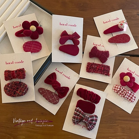 Ensemble de Pinces à Cheveux Rouge Chinois Festif Fait à la Main Nœud en Tissu Queue de Cheval Femme Enfants Nouvel An Noël Accessoires