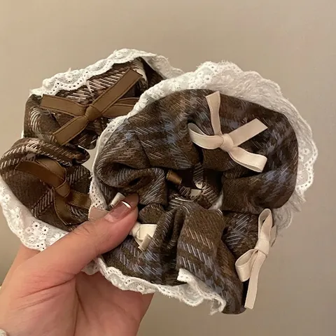 Vintage French Plaid Lace Scrunchies For Women Checkered Large Hair Ties With Bow Ribbon Fabric Elastic Hair Bands