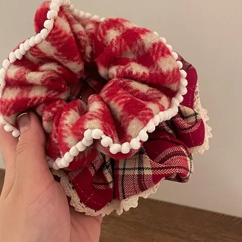 Women Festive Red Plaid Large Scrunchie Fabric Hair Tie With Lace Edge Plush Ball Decoration Christmas New Year Hair Accessories