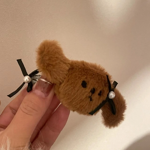 Sweet Cute Plush Puppy Bowknot Hair Clip For Women Artificial Pearl Duckbill Clip Soft Faux Fur Hair Accessory Daily Headwear