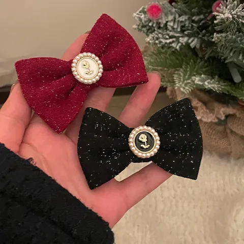 Clip para el Cabello de Lazo Estilo Francés Vintage Con Rosa Perla Artificial Tela de Purpurina Accesorio para Mujer