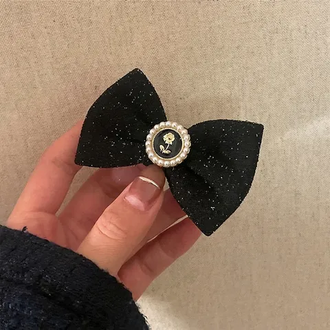 Clip para el Cabello de Lazo Estilo Francés Vintage Con Rosa Perla Artificial Tela de Purpurina Accesorio para Mujer