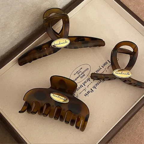 Molletta per Capelli Vintage Tartarugata Clip a Squalo Geometrica in Acrilico Targhetta Dorata Fatta a Mano Accessori Donna