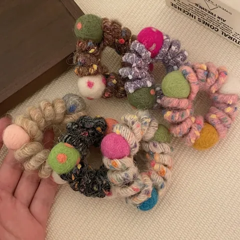 Handmade Woolen Yarn Telephone Cord Hair Tie With Colorful Felt Balls Cute Forest Style Elastic Scrunchie For Women Girls Hair Accessories