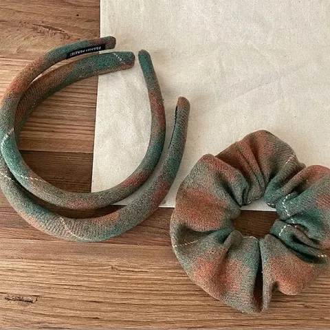 British Style Green Orange Plaid Fabric Headband For Women Autumn Winter Thick Wide Checkered Hairband Daily Face Washing Accessory