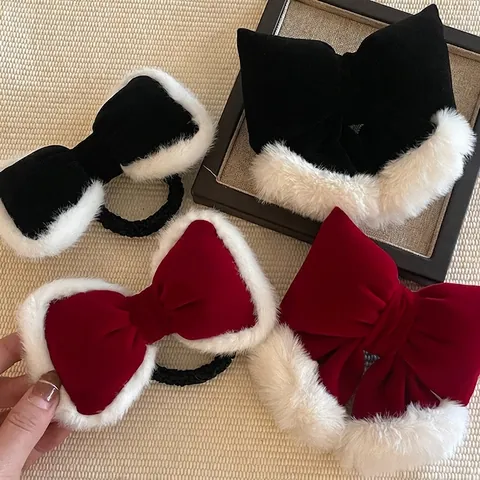 Fermaglio per Capelli con Fiocco in Velluto Fatto a Mano Elastico con Pelliccia Sintetica Accessori per Capelli Donna Natale