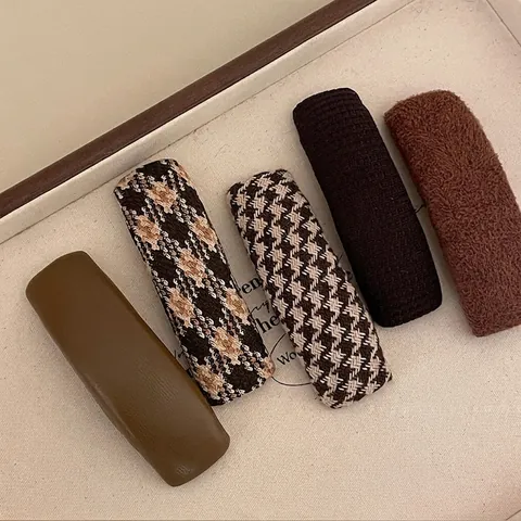 Elegante Hahnentritt Plaid Stof Haarspelden Voor Vrouwen Maillard Bruin Geometrische Rechthoek Eendenbek BB Clips