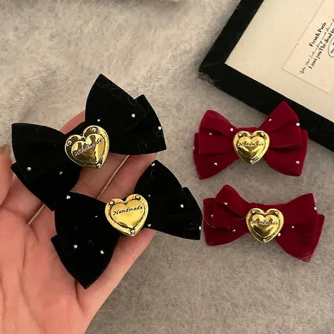 Fermaglio per Capelli con Fiocco in Velluto Vintage con Ciondolo a Cuore in Metallo Strass Dolce Fermaglio Laterale Accessori Donna