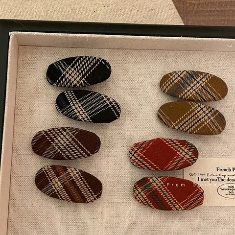 Fermaglio per Capelli Ovale in Tessuto Plaid Vintage per Donna Motivo Geometrico Retrò Clip a Becco d'Anatra Rivestita