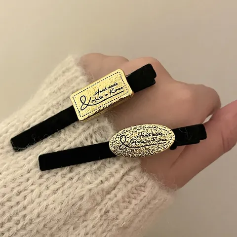 Barrette à Cheveux Vintage en Velours Noir Avec Plaque Métallique Rectangulaire Ovale Or Pince Bec de Canard Mode Bijoux Cheveux
