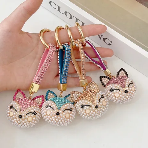 Luxury Fox Head Keychain With Rhinestone And Artificial Pearl Decoration Exquisite Alloy Metal Bag Pendant Charm Key Ring For Women Gift