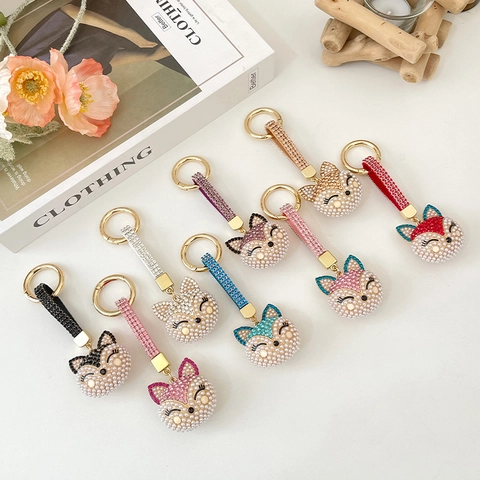 Luxury Fox Head Keychain With Rhinestone And Artificial Pearl Decoration Exquisite Alloy Metal Bag Pendant Charm Key Ring For Women Gift