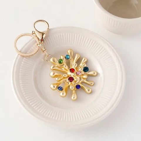 Irregular Splash Shape Metal Keychain For Women Vintage Gold Plated Alloy Colorful Rhinestone Inlaid Bag Charm Car Key Ring