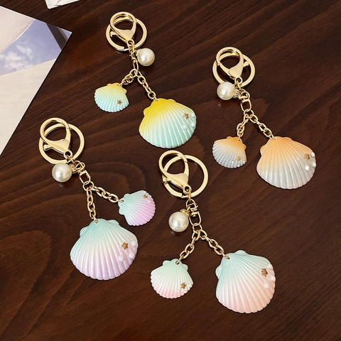 Portachiavi con Perla Artificial e Conchiglia Sfumata per Donna Ciondolo Borsa Tema Oceano Anello Portachiavi in Resina con Stelle Pendenti