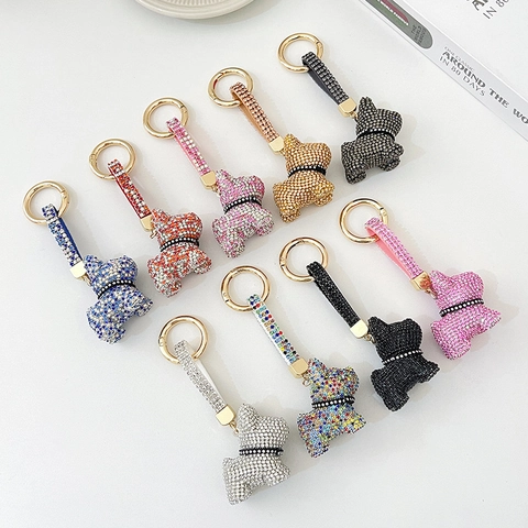 Rhinestone French Bulldog Keychain Glittering Metal Cartoon Dog Bag Pendant Accessory For Women Girls Gift Idea