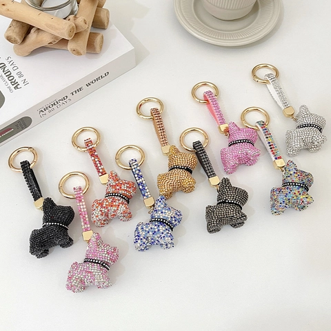 Rhinestone French Bulldog Keychain Glittering Metal Cartoon Dog Bag Pendant Accessory For Women Girls Gift Idea