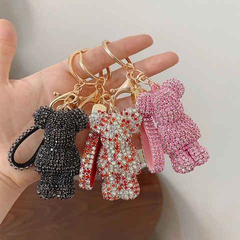 Creative Rhinestone Pave Bear Keychain Sparkling Metal Animal Bag Charm Pendant With Wrist Strap For Women Girls Gifts