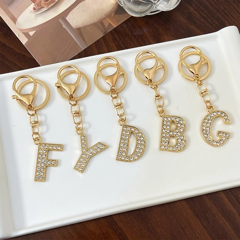 Portachiavi con 26 Lettere Alfabeto Inglese in Lega di Strass Placcato Oro Pendente per Borsa Iniziale per Donna