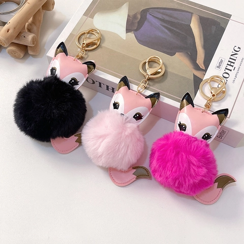 Simpatico Portachiavi a Forma di Volpe in Pelliccia Sintetica Pompon Ciondolo per Borsa in Pelle PU Anello in Metallo Dorato