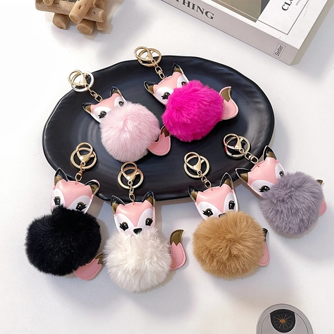 Simpatico Portachiavi a Forma di Volpe in Pelliccia Sintetica Pompon Ciondolo per Borsa in Pelle PU Anello in Metallo Dorato