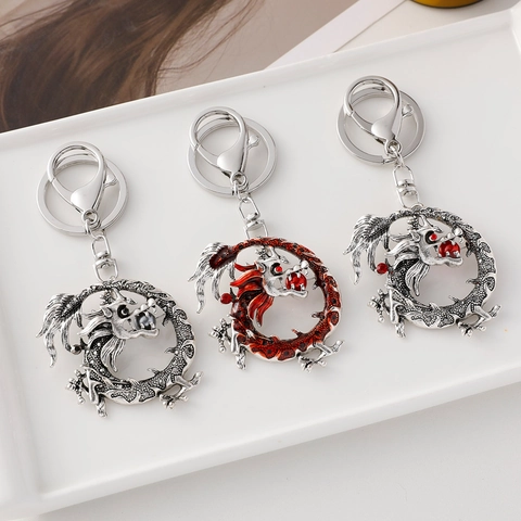 Vintage Dragon Pendant Keychain Chinese Style Alloy Enamel Rhinestone Key Ring Lucky Charm For Men Women Daily Decor
