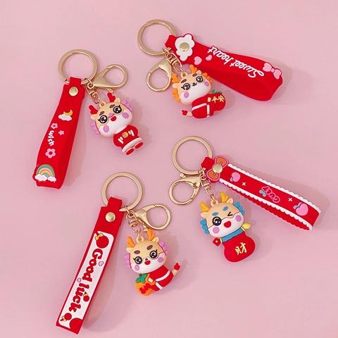 Cartoon Zodiac Dragon Keychain New Year Luck Charms Red Silicone Strap Metal Keyring Bag Charm Accessory For Men Women Kids