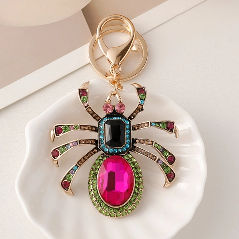 Vintage Exaggerated Spider Keychain Multicolor Rhinestone Alloy Keyring Insect Bag Charm Pendant Jewelry For Halloween Gift