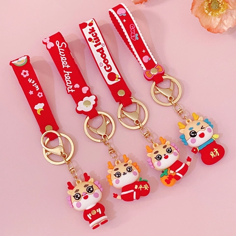 Cartoon Zodiac Dragon Keychain New Year Luck Charms Red Silicone Strap Metal Keyring Bag Charm Accessory For Men Women Kids