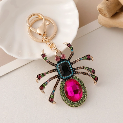 Vintage Exaggerated Spider Keychain Multicolor Rhinestone Alloy Keyring Insect Bag Charm Pendant Jewelry For Halloween Gift