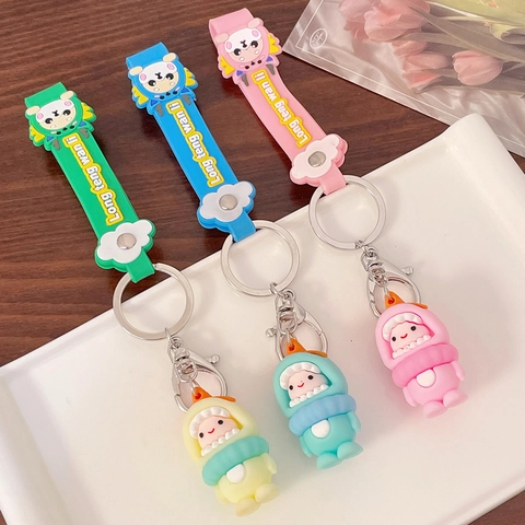 Cartoon Dragon Year Silicone Keychain With Wristband Cute 3D Animal Pendant Metal Key Ring Decoration For Couples Gift
