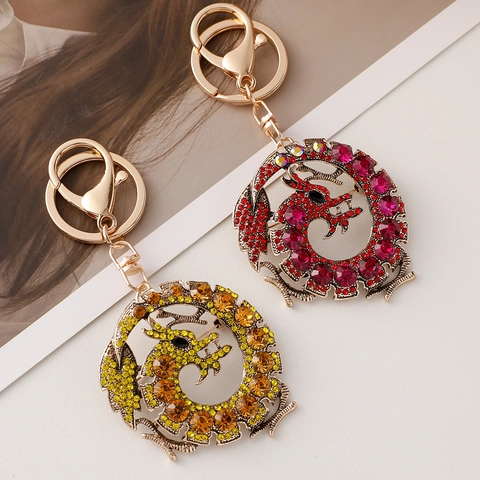 Chinese Draak Strass Sleutelhanger Brosche Dual Use Legering Gouden Machtige Draak Tas Hanger Sieraden Cadeau