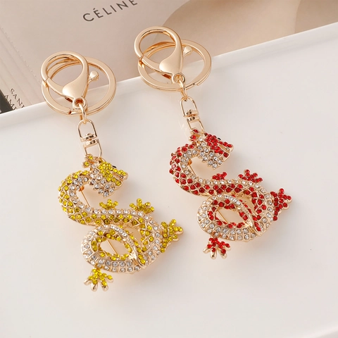 Strass Eingelegter Drache Schlüsselanhänger Vergoldete Legierung Tierkreis Anhänger Für Autoschlüssel Mode Tasche Schmuck Geschenk