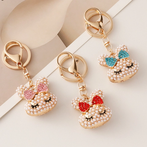 Simpatico Portachiavi a Forma di Coniglio con Perle Artificiali e Fiocco Strass Pendente in Metallo per Borsa Donna Gioielli