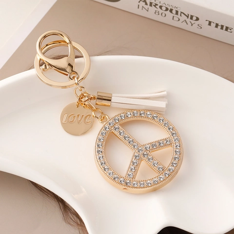 Llavero de Símbolo de la Paz con Strass Colgante de Bolso de Aleación Incrustado de Cristal con Fleco y Etiqueta Love Oro Plata